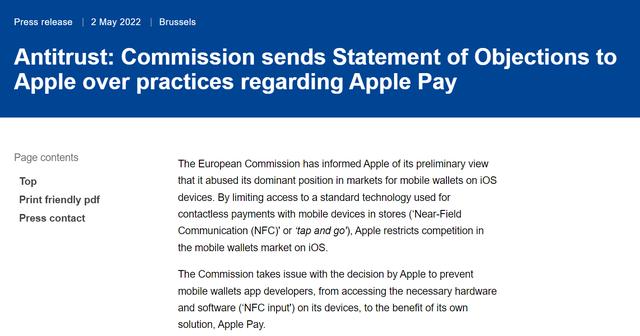 欧盟正式对苹果限制第三方访问Apple Pay NFC功能提出异议