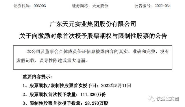 快递包装商天元股份：向激励对象授予111万份股票期权及28万股限制性股票