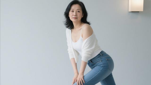 50岁熟女浅色牛仔裤魅力穿搭，就爱这简约性感