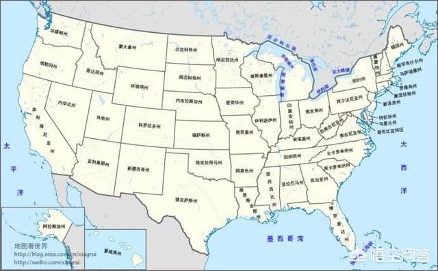 美国版世界地图，一张以美国为中心的世界地图（呈直线规则布局的美国地图）