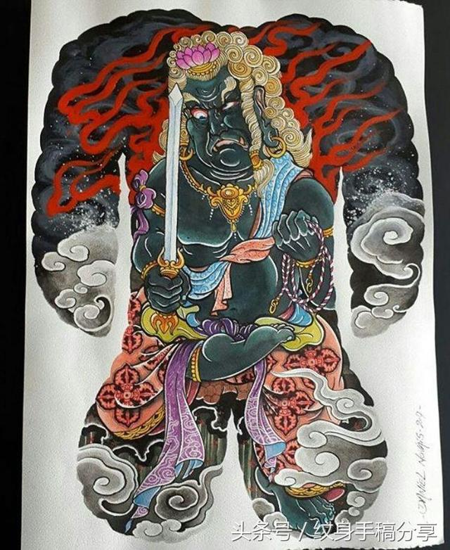 明王花臂纹身，不动明王纹身手稿分享