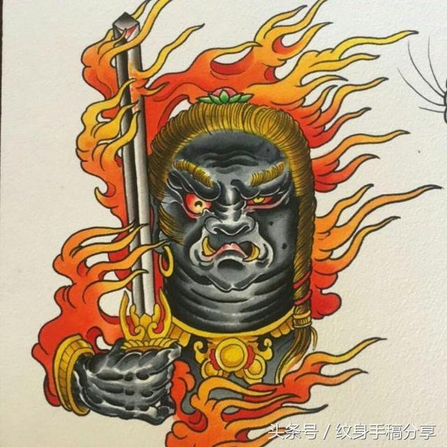 明王花臂纹身，不动明王纹身手稿分享