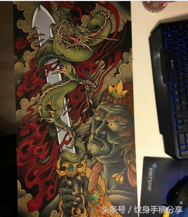 明王花臂纹身，不动明王纹身手稿分享