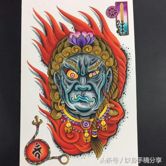 明王花臂纹身，不动明王纹身手稿分享