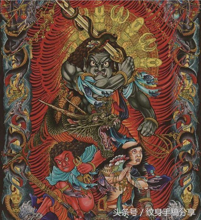 明王花臂纹身，不动明王纹身手稿分享