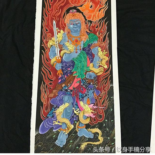 明王花臂纹身，不动明王纹身手稿分享