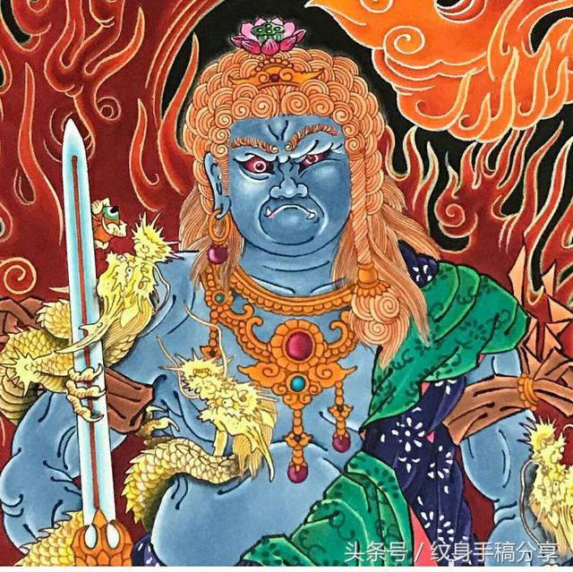 明王花臂纹身，不动明王纹身手稿分享