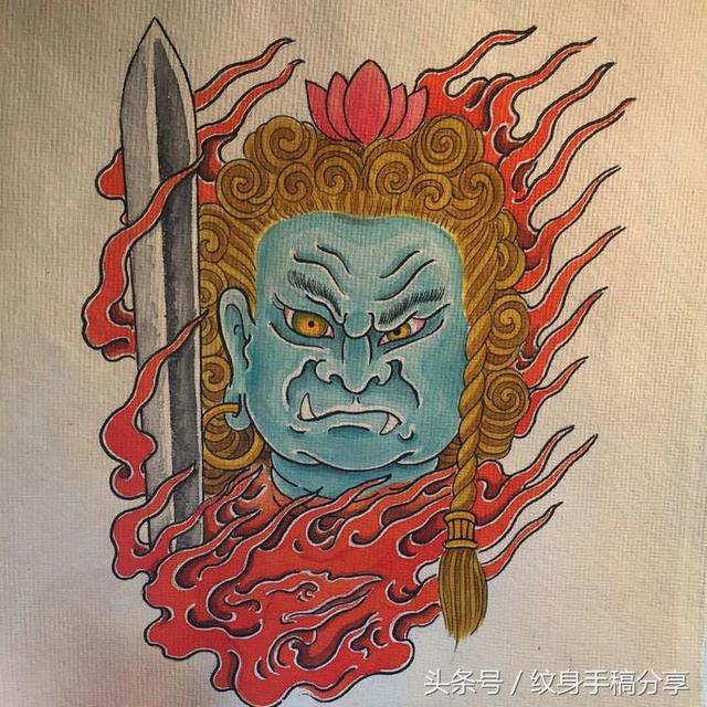 明王花臂纹身，不动明王纹身手稿分享