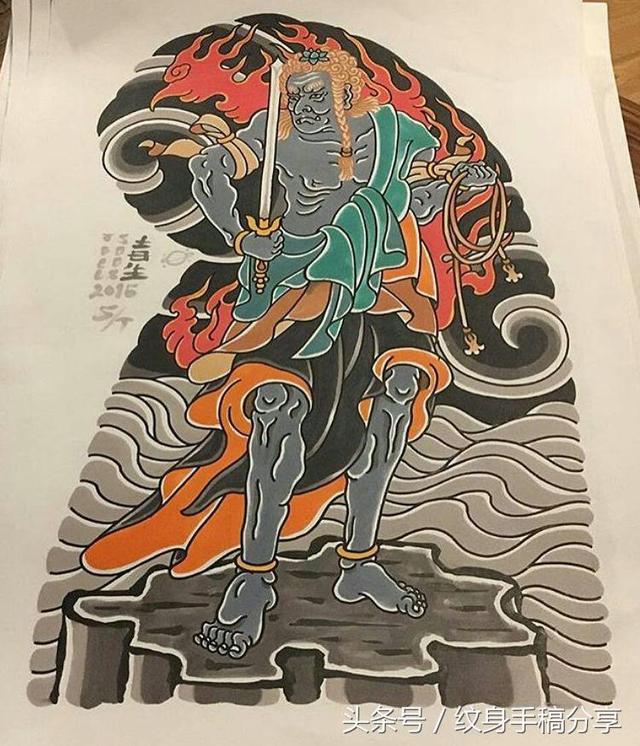 明王花臂纹身，不动明王纹身手稿分享