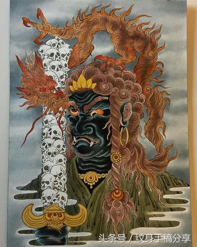 明王花臂纹身，不动明王纹身手稿分享