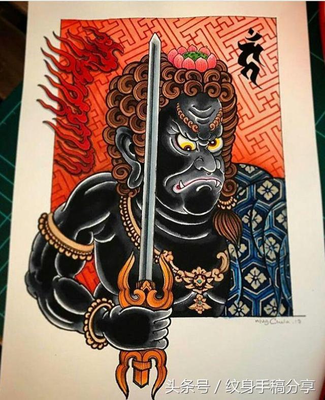 明王花臂纹身，不动明王纹身手稿分享