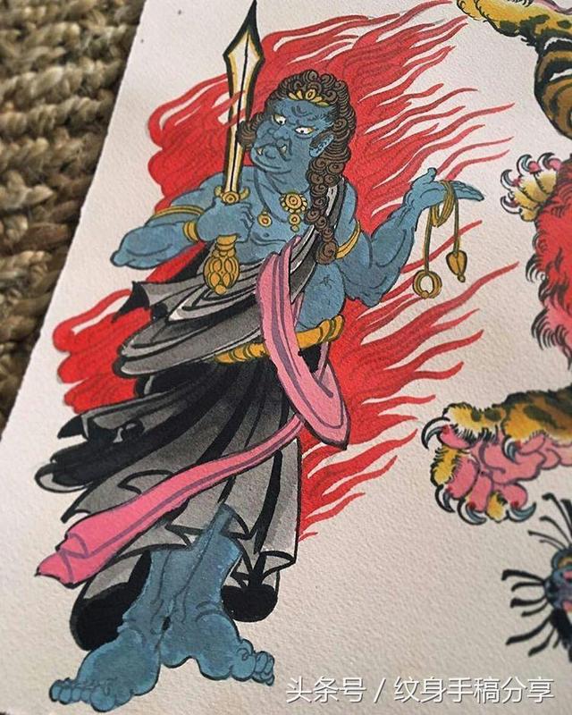 明王花臂纹身，不动明王纹身手稿分享