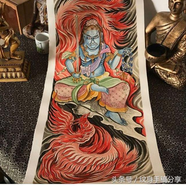 明王花臂纹身，不动明王纹身手稿分享