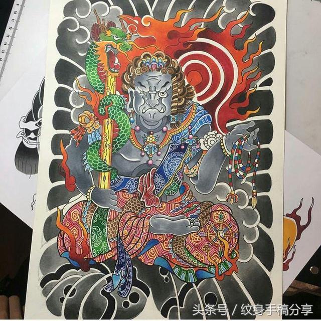 明王花臂纹身，不动明王纹身手稿分享