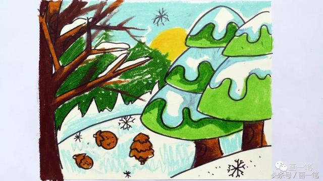 松树图片简笔画，松树的简笔画法（蜡笔画：自然风光，冬日松柏）