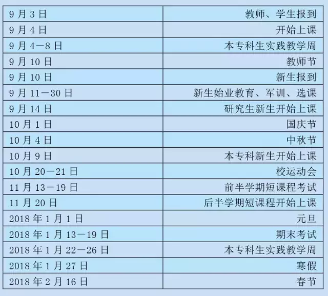 浙师2017-2018学年校历发布 下学期有21周