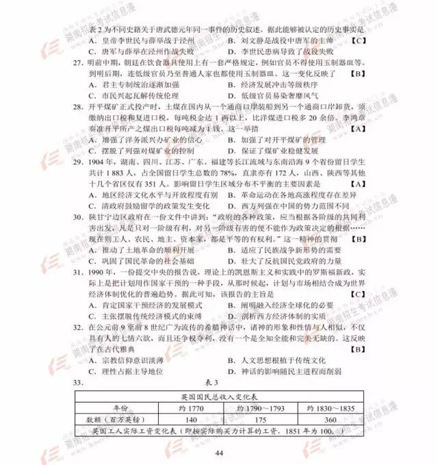 2017高考湖北卷答案出炉！