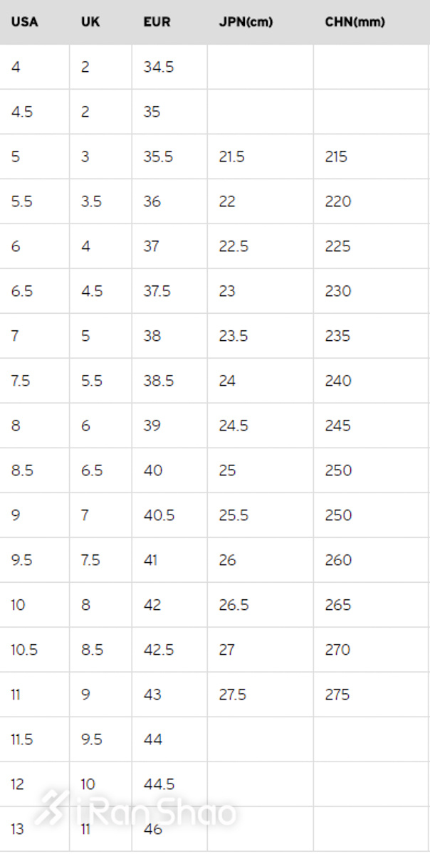 usukcm鞋码对照表图片