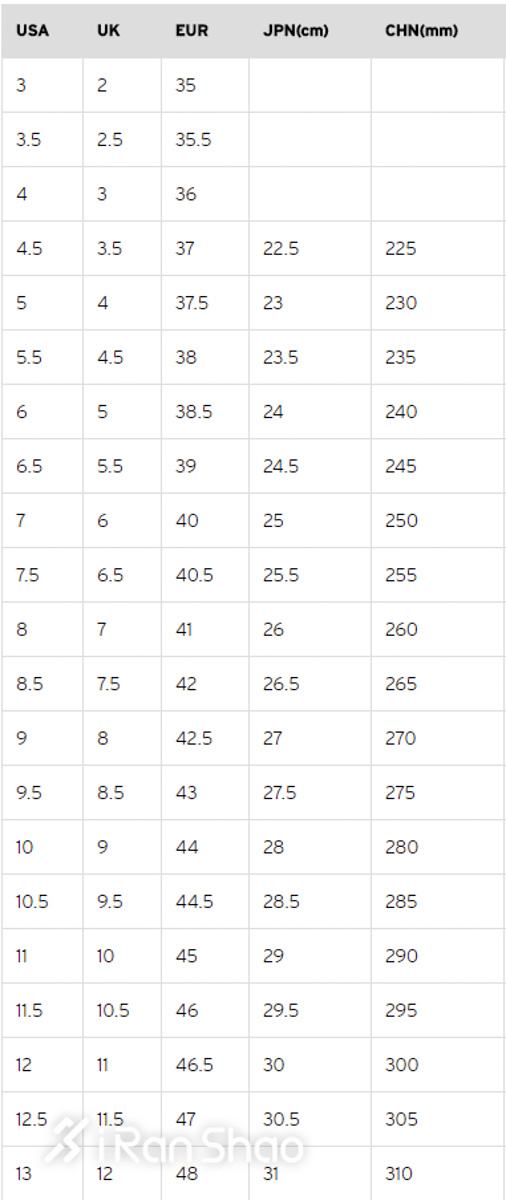 us size鞋子尺码对照表图片