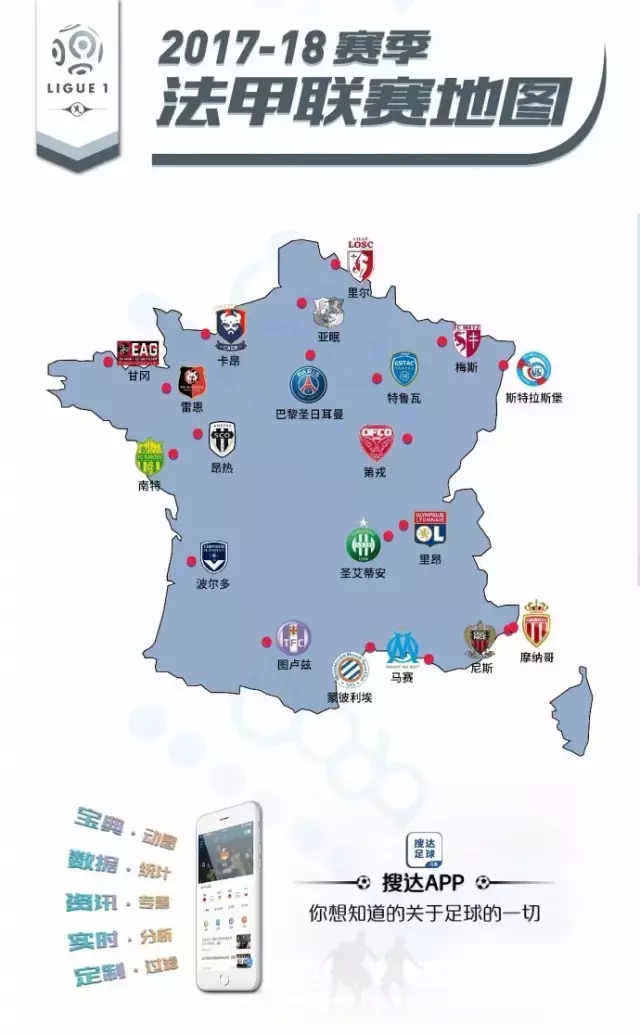 法甲球队地理位置(又到看足球学地理时间，欧洲五大联赛球队分布一目了然！)