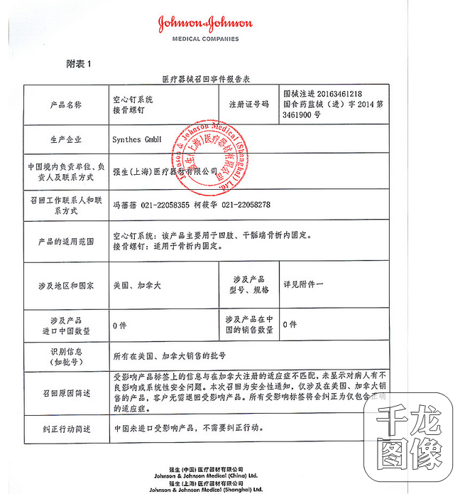 强生（上海）医疗器材有限公司召回一批医疗器械