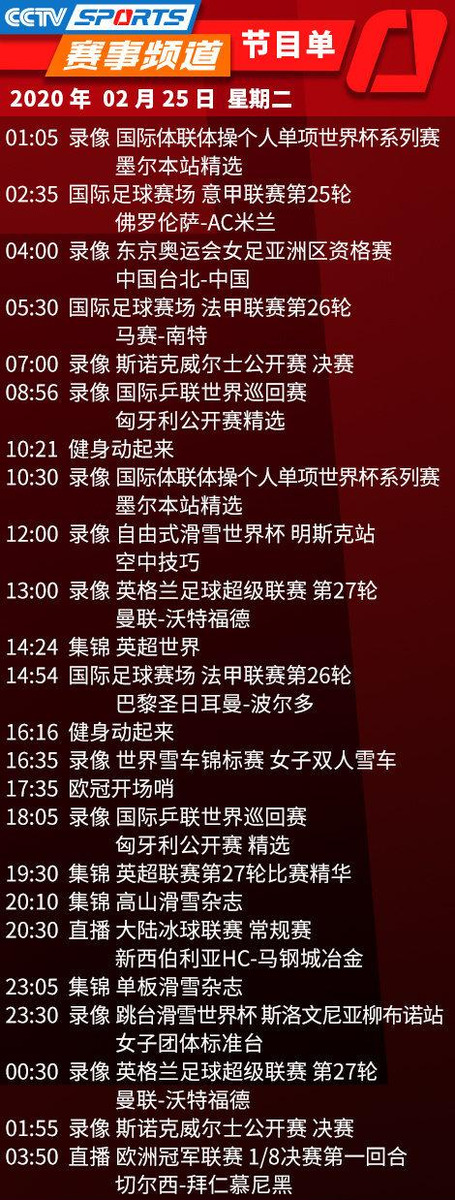 25晚世界杯输赢实况(央视体育CCTV5/5 今天节目单(2月25日)：明天凌晨欧冠比赛)