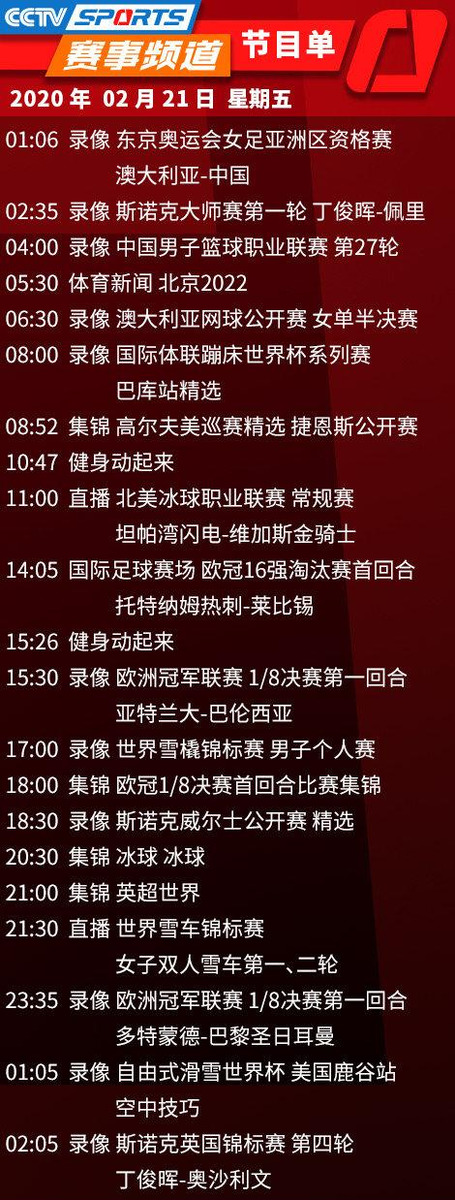 21日cctv5节目表（央视体育CCTV5／5+、风云足球频道今天节目单(2月21日)）
