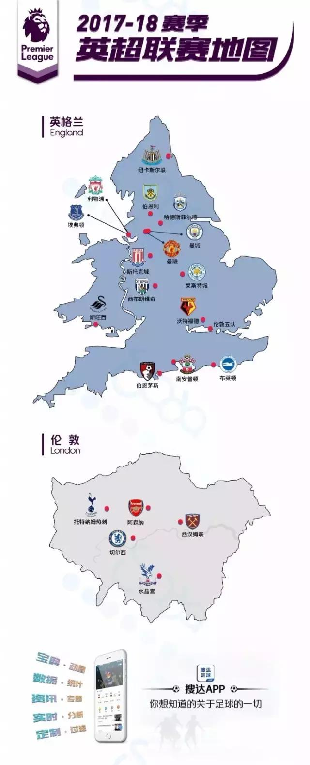 又到看足球学地理时间，欧洲五大联赛球队分布一目了然！