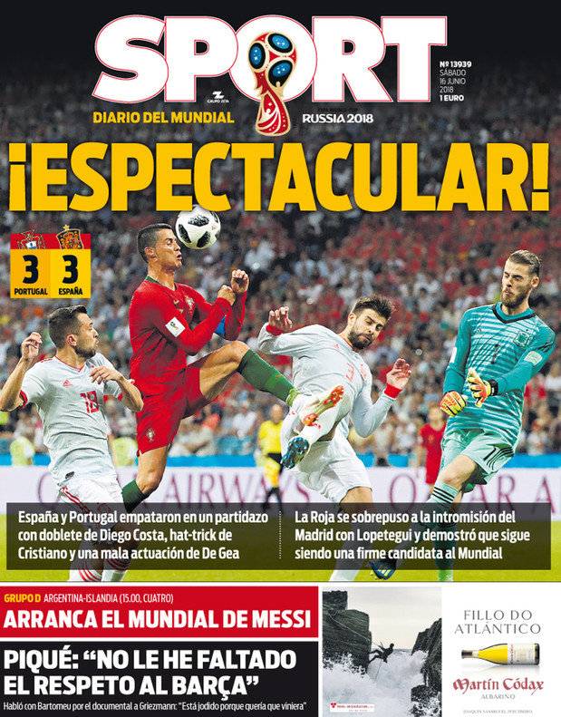 西甲今日头版：西班牙3-3战平葡萄牙 C罗大演帽子戏法