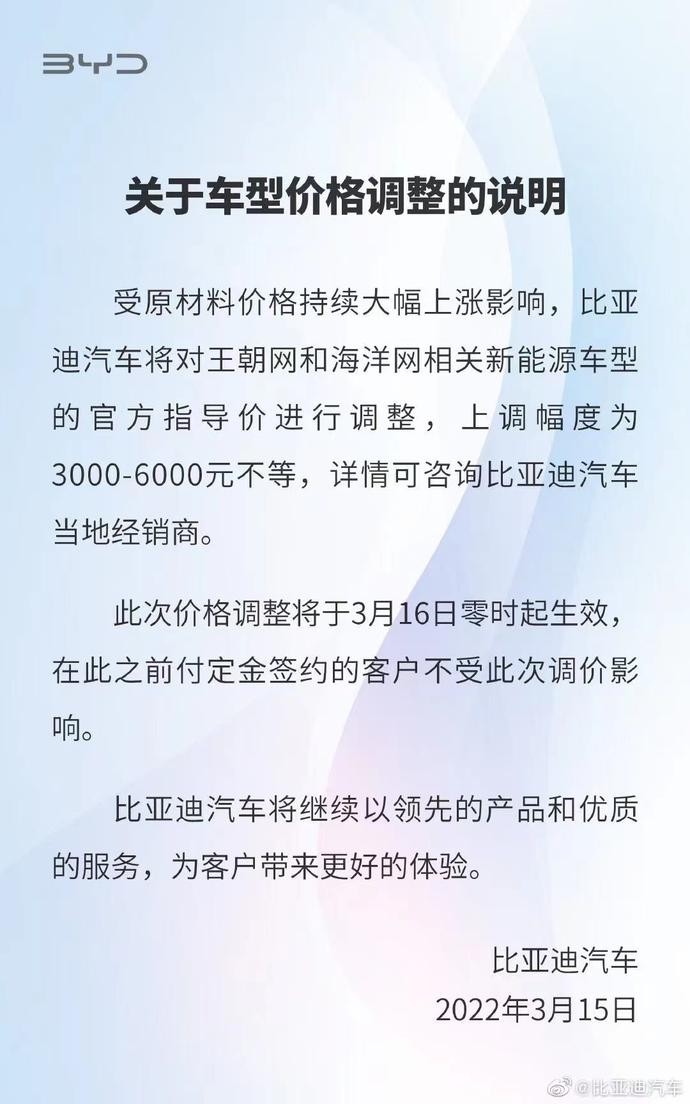 提前10分钟涨价引争议 比亚迪再次上调部分车型价格（附涨价表）