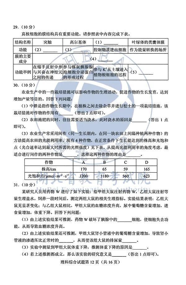 2020湖北高考各科试卷+参考答案出炉