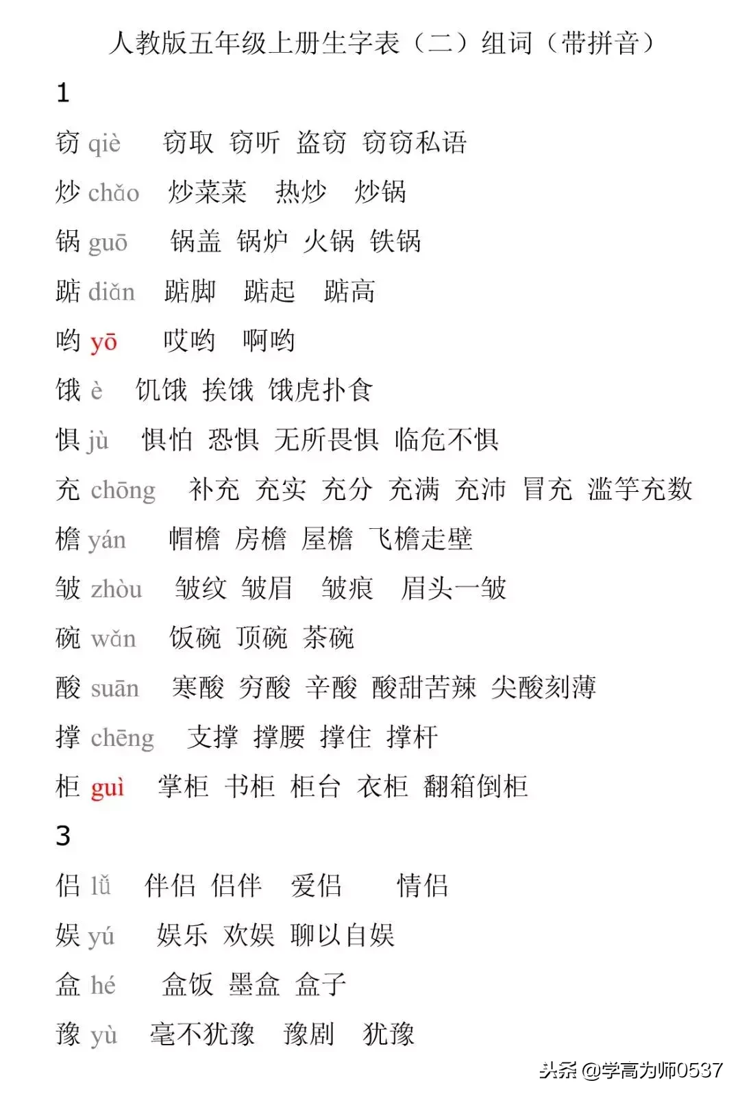 人教版五年级语文上册全课生字注音及五字组词学习指南