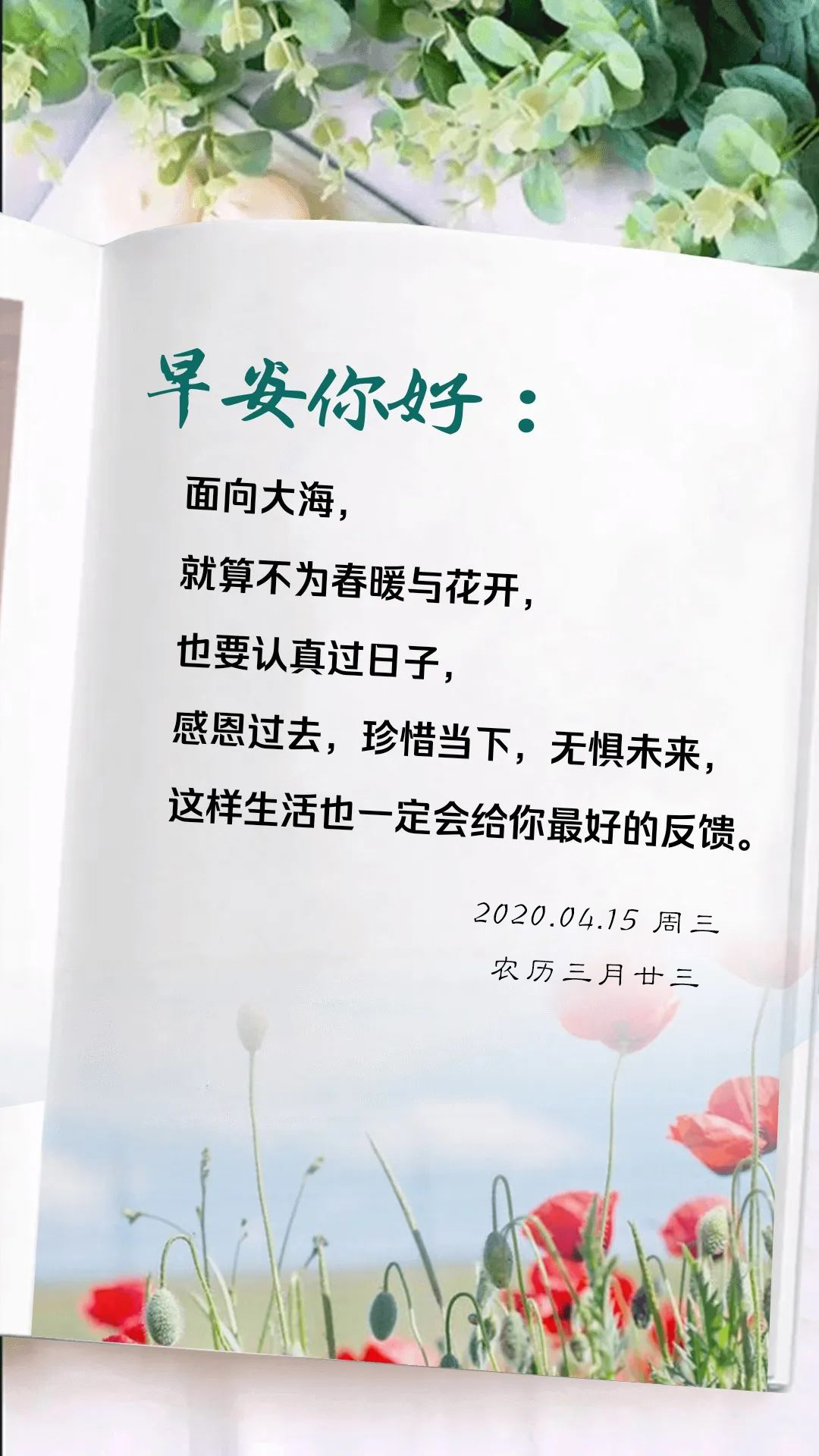 周三正能量早安心语图片日签带字：感恩过去，珍惜当下，无惧未来