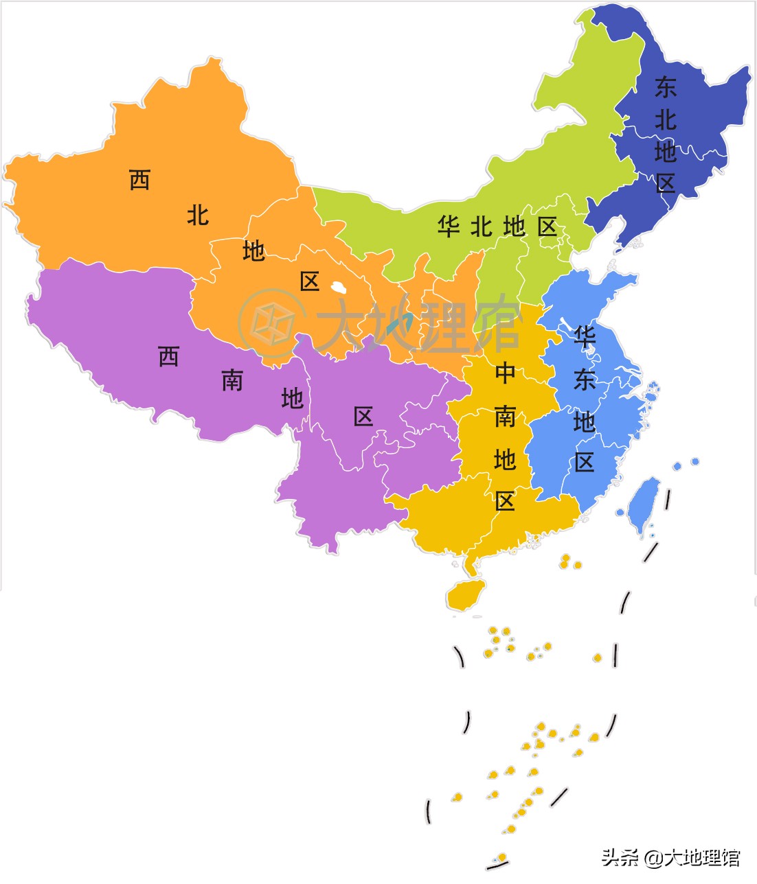共分为六个大区:华北,东北,华东,中南,西南和西北