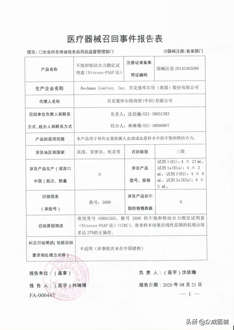 国内销售17.8万余件！知名械企一级召回大批器械（附清单）