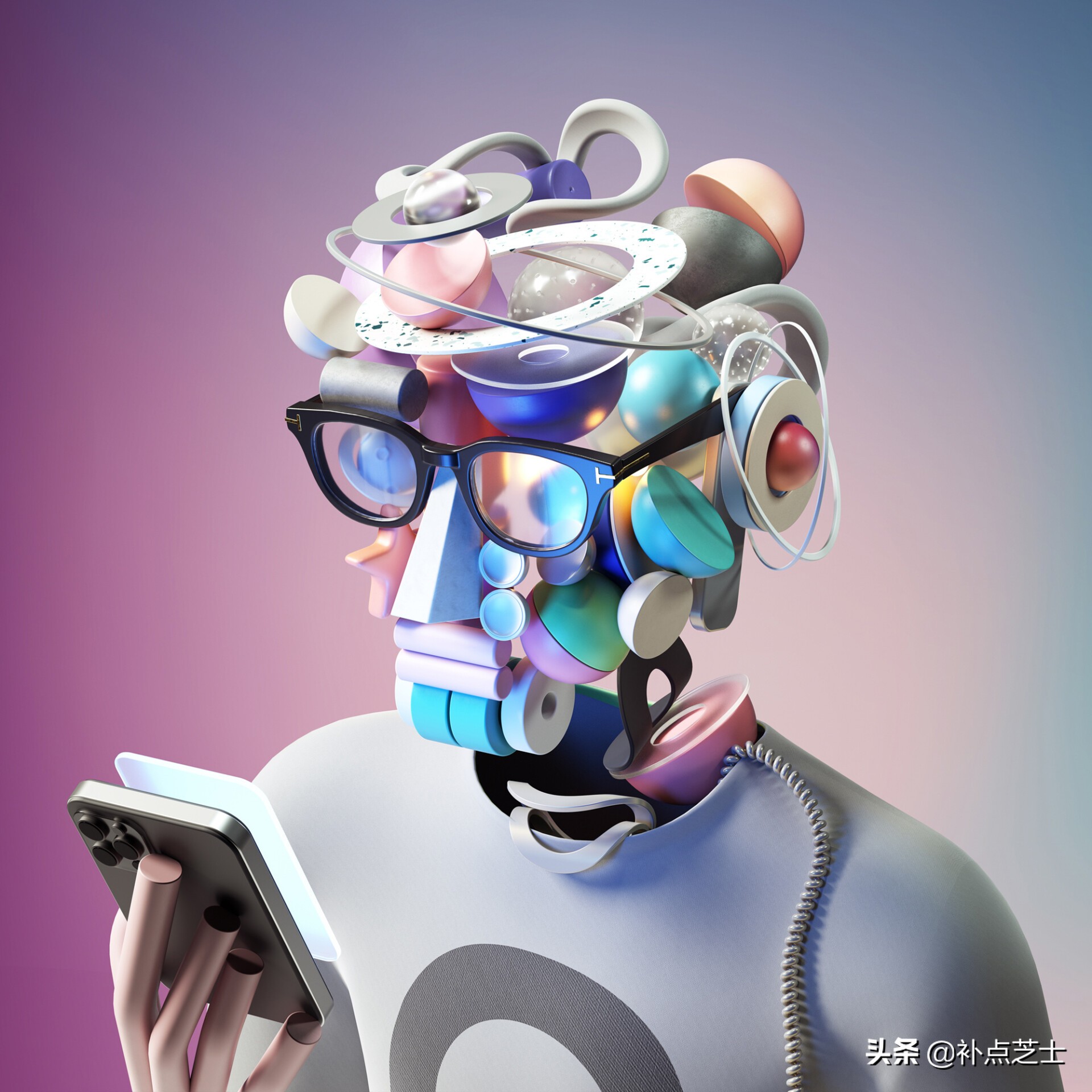 数字渲染拼贴3D物体，艺术家给自己画出了未来派自画像