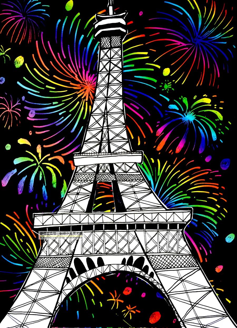 儿童画教程|综合创意画--线条练习之夜空下的埃菲尔铁塔 - 趣味头条