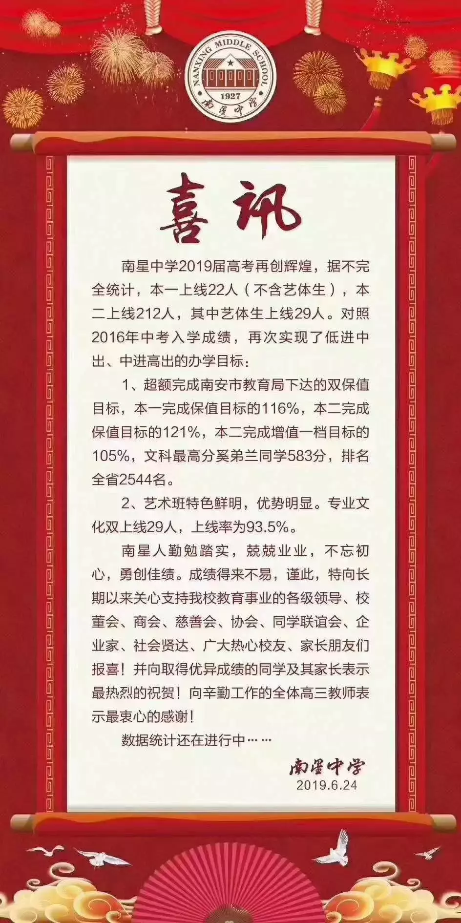 喜报频传！南安多所中学高考成绩单发布，一起为母校打call