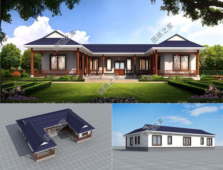 别墅图一:农村一层中式三合院别墅设计图纸