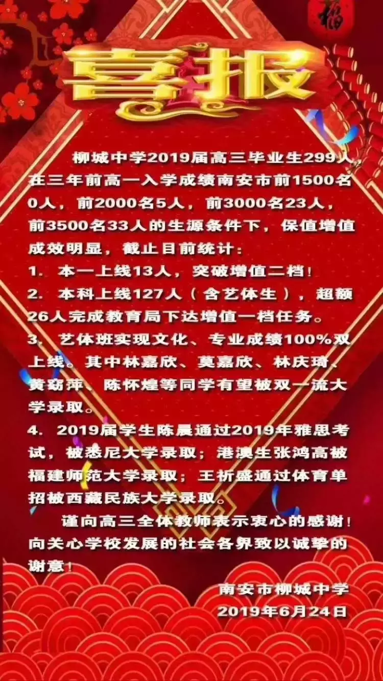 喜报频传！南安多所中学高考成绩单发布，一起为母校打call