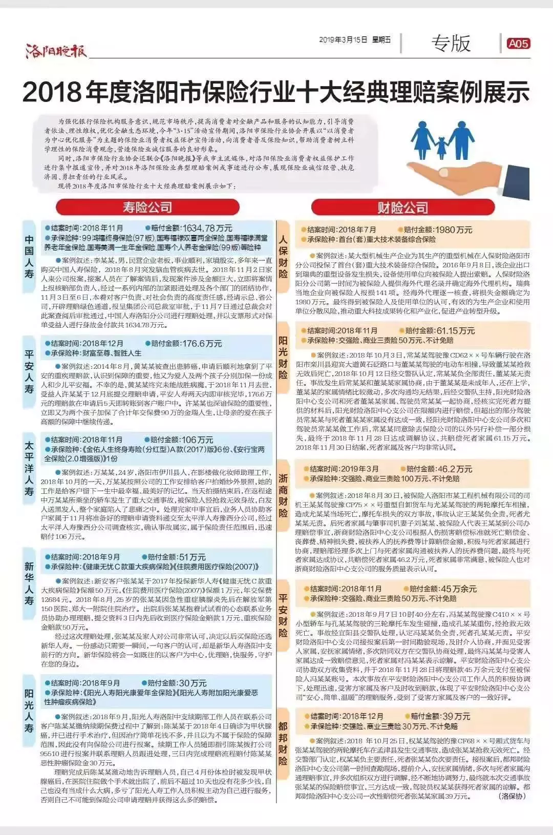 2018年度洛阳市保险行业十大经典理赔案例展示