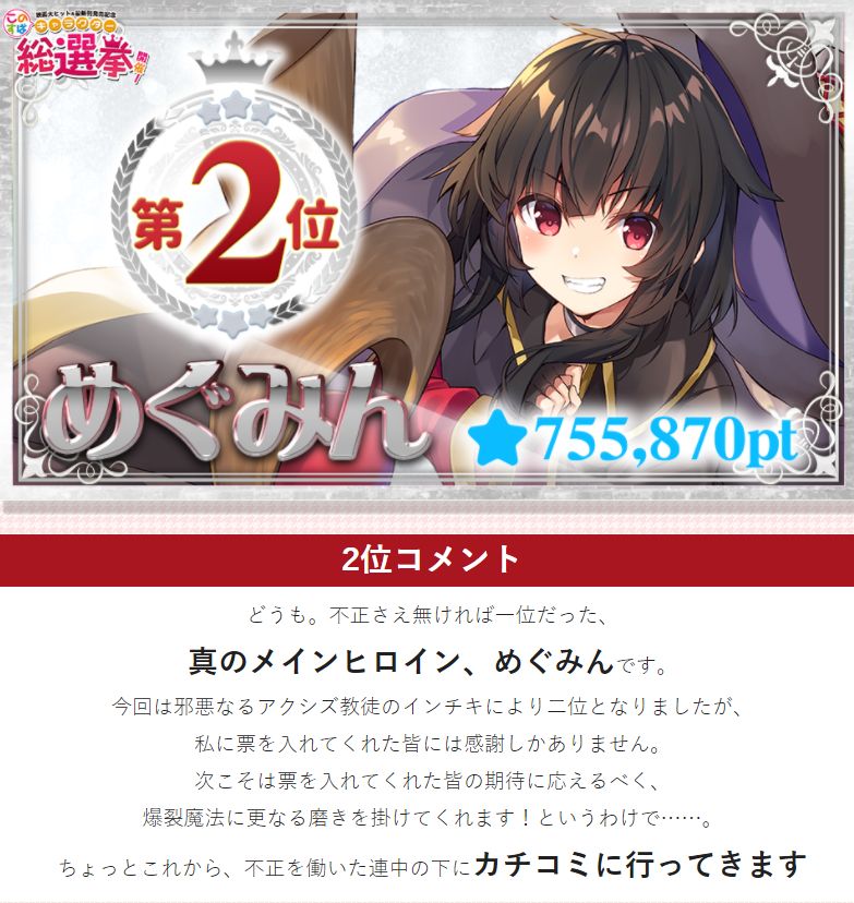 《为美好的世界献上祝福》角色总选举投票，阿库娅作弊被捧上第一