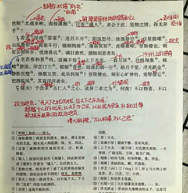 初三语文上册第十课《岳阳楼记》课文笔记，预习和复习专用