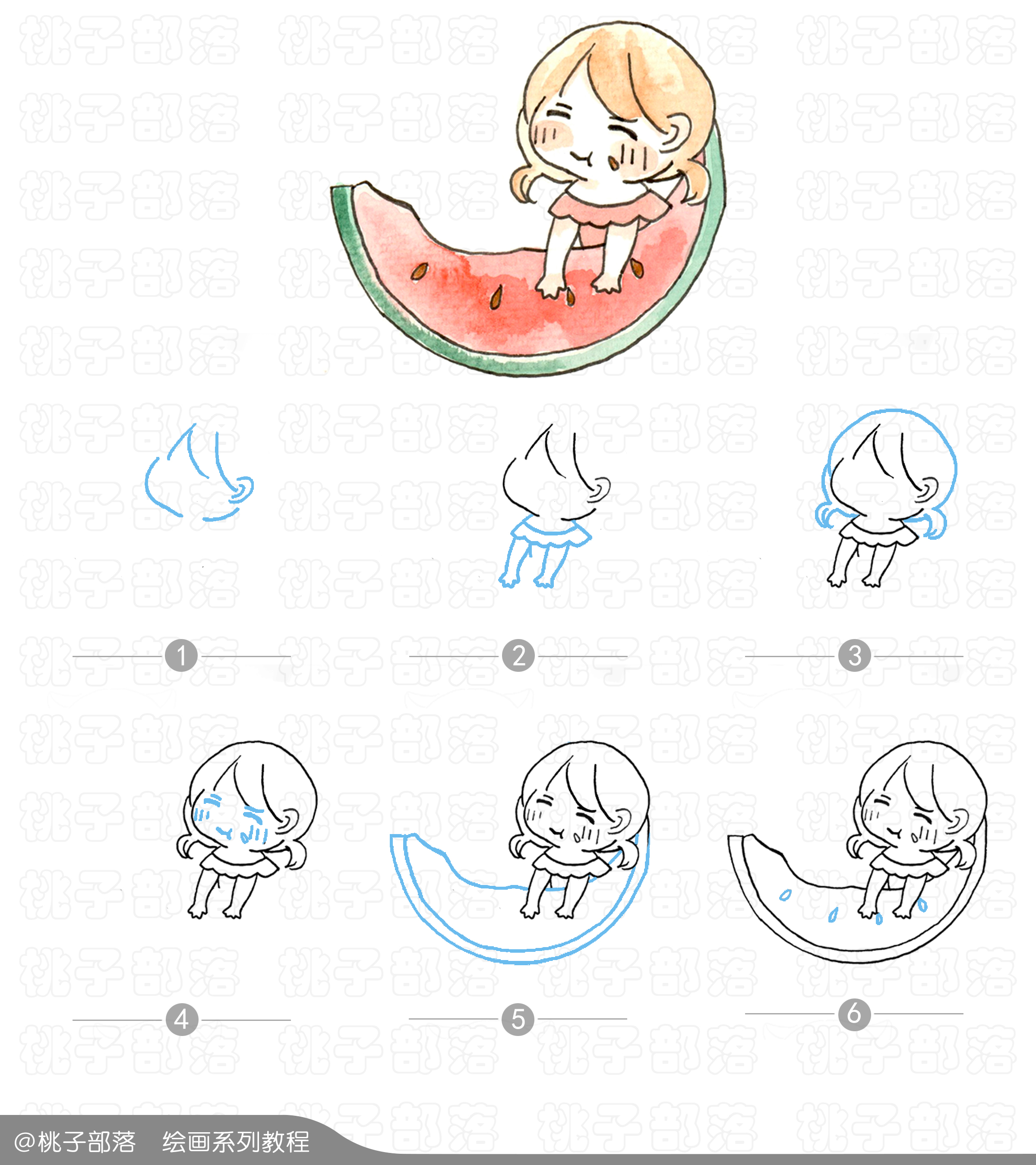 送你们一组小女孩吃西瓜的简笔画，好简单的水彩和彩铅画法！