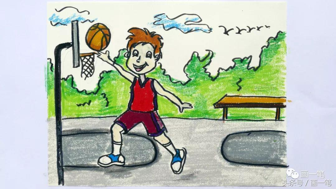 打篮球儿童画(蜡笔画：画画学体育，羽毛球)
