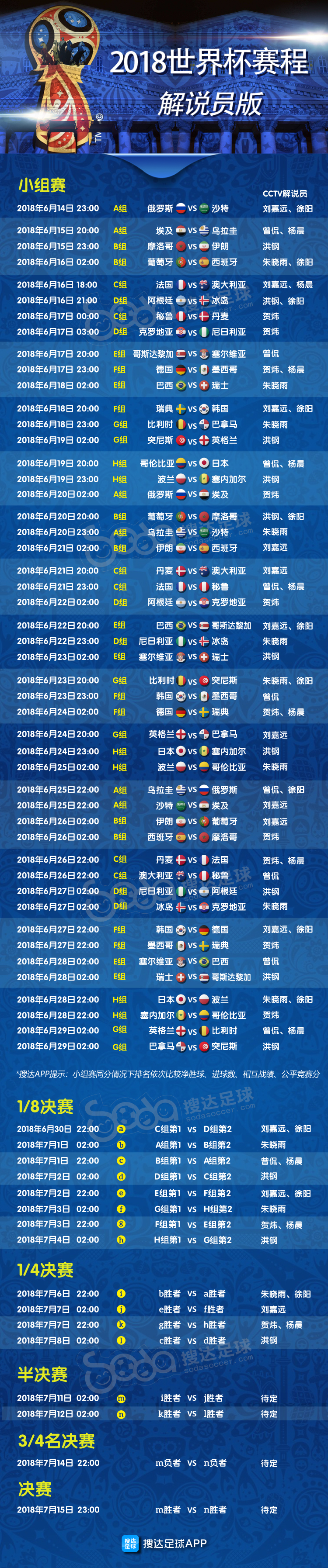 2018世界杯央视直播日程表(带央视解说员版世界杯赛程，看这一张就够了！)