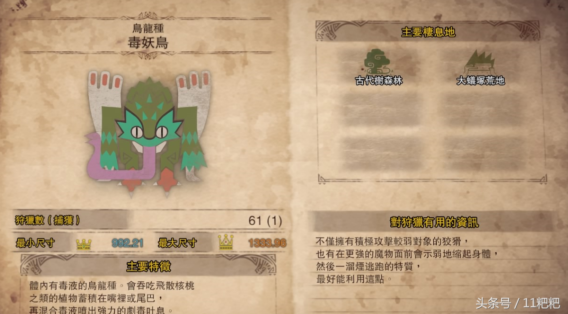 怪物猎人世界 毒妖鸟 特征 资讯 肉质 耐性 弱点 报酬