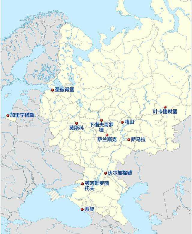 俄罗斯世界杯场地分布图(2018俄罗斯世界杯主办城市、场馆分布地图，几乎全部在欧洲部分)