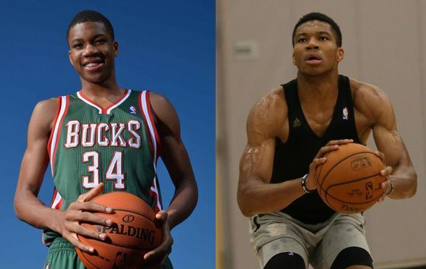 为什么nba球员肌肉不一样（5图看NBA球员从竹竿到肌肉的身材对比：字母哥的麒麟臂大了2倍）