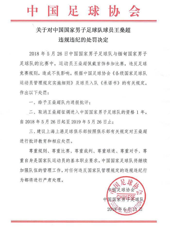 足球比赛为什么不让佩戴项链(佩戴首饰造不良影响！足协：取消王燊超国脚资格1年 批评教育)